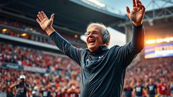 Energetic coach celebrates in vibrant football stadium, Super Bowl LX records.