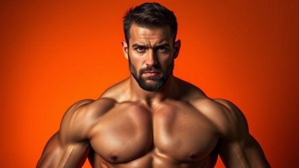 Muscular man standing confidently against an orange background.