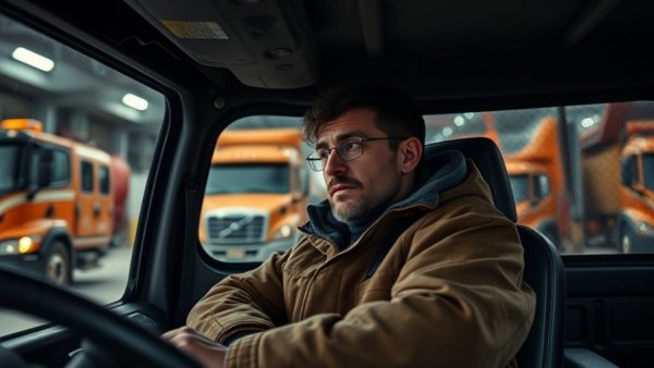 Cozy individual in a utility vehicle in industrial area for a mockumentary.