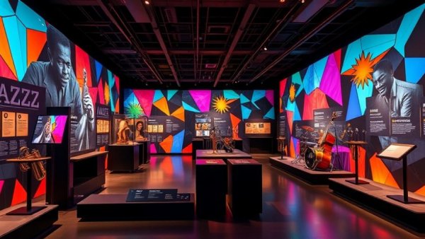 Vibrant jazz exhibit in Kansas City museum, modern design.