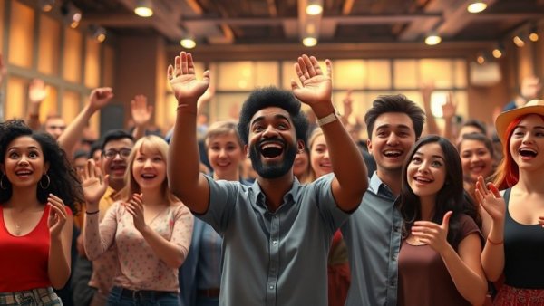 Lively crowd at Kansas ballot advocacy event celebrating indoors.