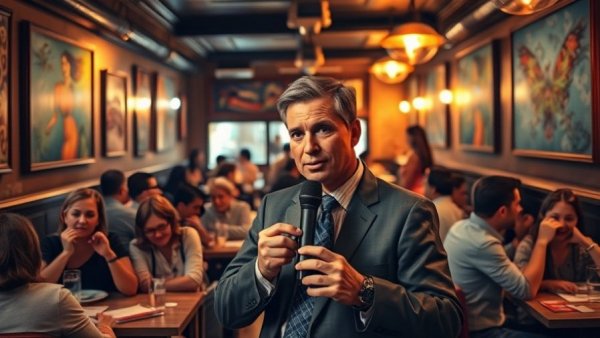 Cozy restaurant scene in Kansas City neighborhood with a reporter.