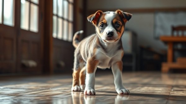 Young mixed-breed puppy at Kansas City shelter looking alertly.