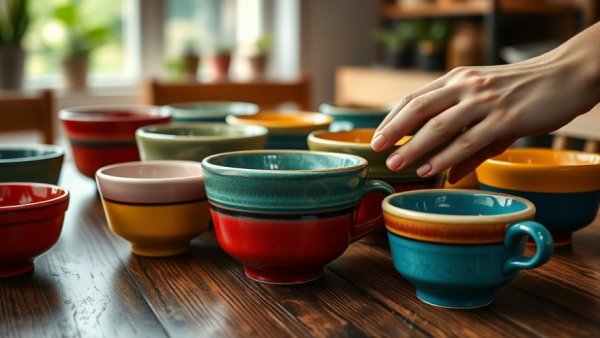 Colorful ceramic bowls and cups on a table in Kansas City neighborhood setting.