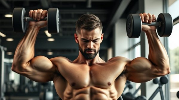 Man demonstrating overhead press mobility with dumbbells in gym.