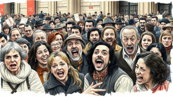 Historical crowd scene in sketched style depicting unrest.