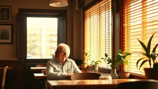 Mature man in cafe in Kansas City, West Bottoms area redevelopment.
