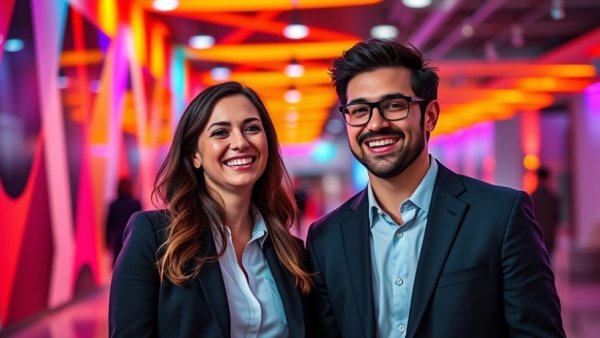 Two people smiling at a vibrant venue representing Kansas City local businesses.