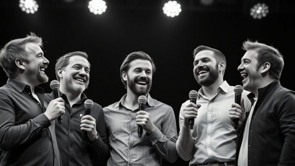 Joyful group performing at Kansas City events, black and white stage photo.