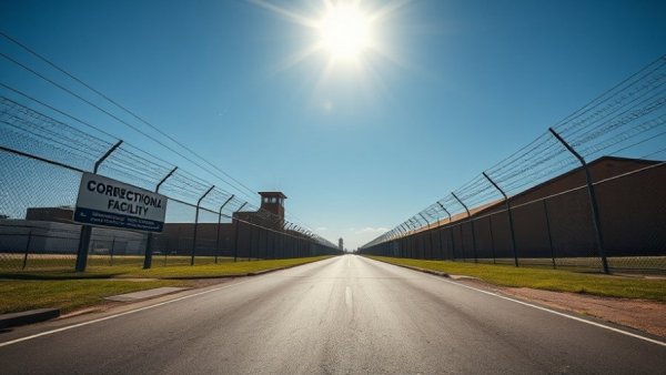 Exterior of Leavenworth ICE detention center with security signage and fences.