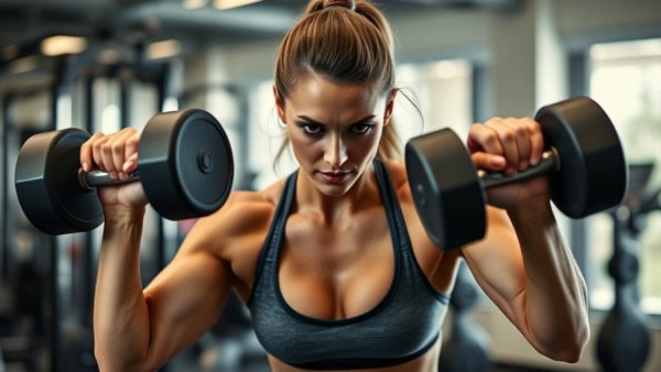 Athletic woman focused on dumbbell lateral raises in a modern gym.