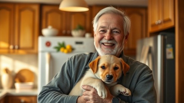 Casual older man holding a puppy in a cozy kitchen, smiling warmly.