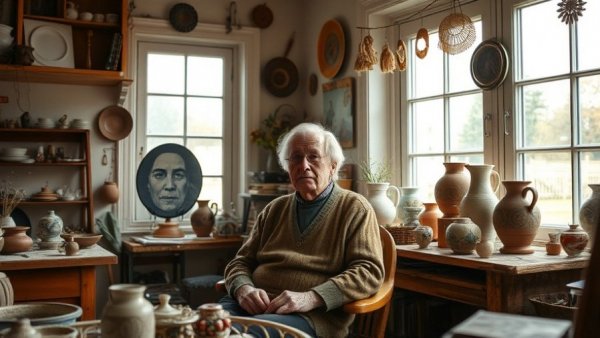 Kansas City local artist in a cozy studio with pottery collection.