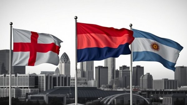 Flags of England, Netherlands, Argentina with Kansas City skyline for 2026 FIFA World Cup.