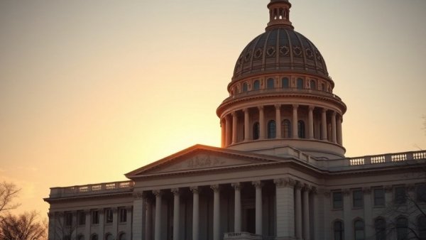 Missouri State Capitol dome at sunset under golden light.