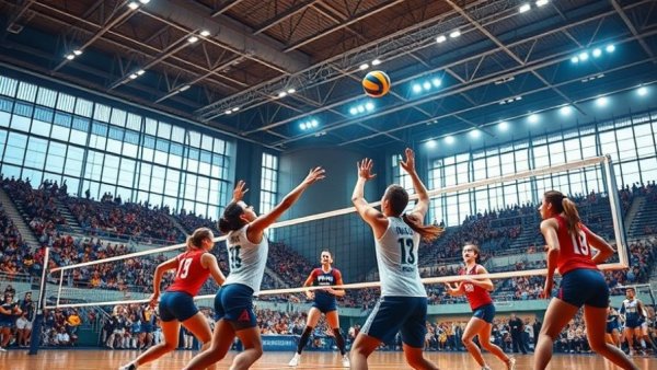 Volleyball game in arena with players competing, Kansas City neighborhoods