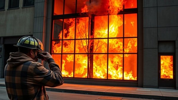 Fire in Kansas City building, person photographing the scene.