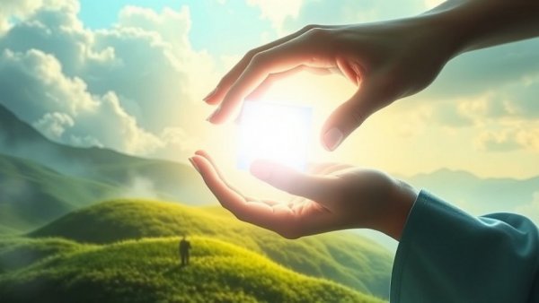 Mystical landscape with hand holding light cube at a Kansas City event