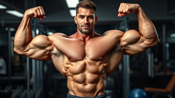 Bodybuilder's impressive physique in gym setting