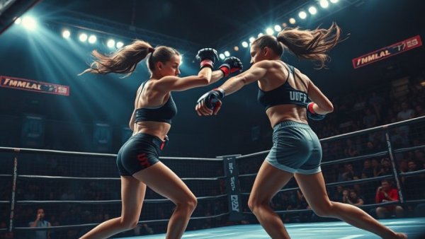 Ronda Rousey vs Gina Carano MMA fight illustration, energetic scene.