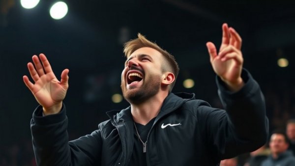 Enthusiastic man cheering in a black jacket, related to bet365 bonus code NYPBET