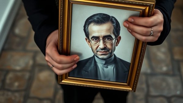 Person holding a portrait, reflecting on Khamenei's impact, indoors.