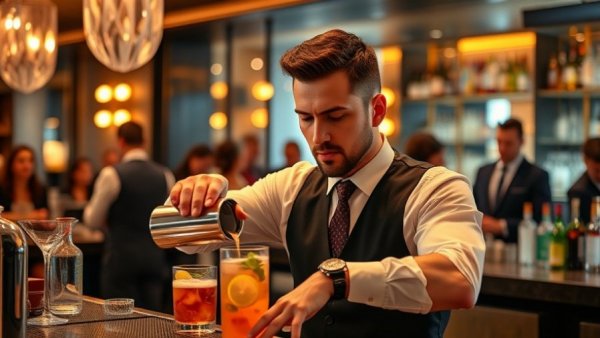 Bartender demonstrating a vibrant cocktail pour in an upscale bar, alternative beverages movement interest.