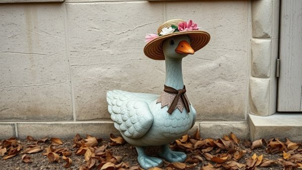 Quirky stone goose wearing a bonnet and straw hat in a Kansas City neighborhood.