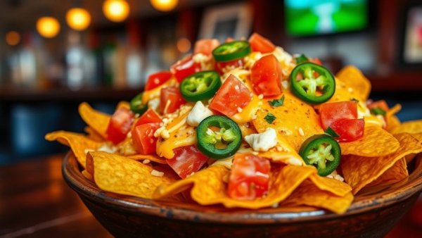 Mouth-watering Bar Nachos at Jim's Alley Bar with fresh toppings