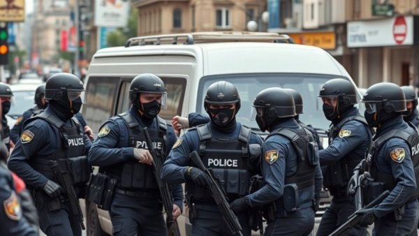 Officers in tactical gear discuss around a van in Kansas City neighborhood.