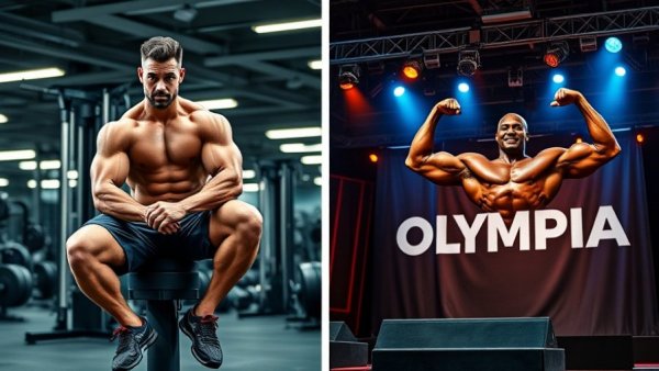 Fitness motivation: Dual image of gym focus and bodybuilding competition.
