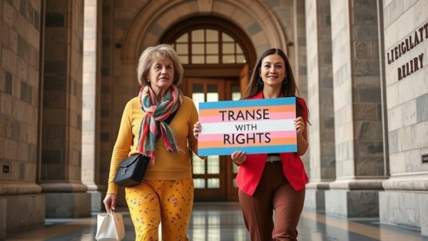 Kansas anti-trans law protest with colorful supporters in a legislative building.
