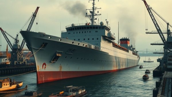 Partially sunk Iranian naval ship in port with cranes visible.