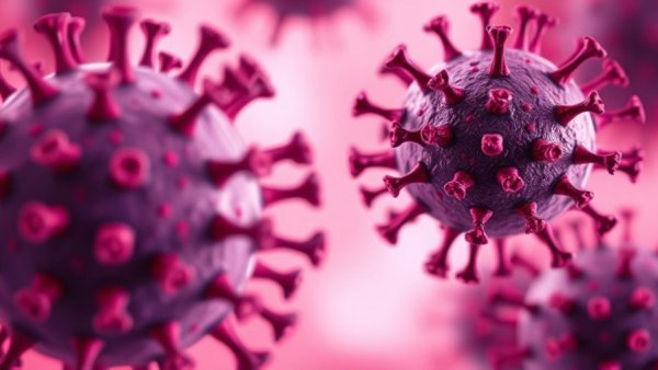 Close-up illustration of measles virus particles against a blurred background.