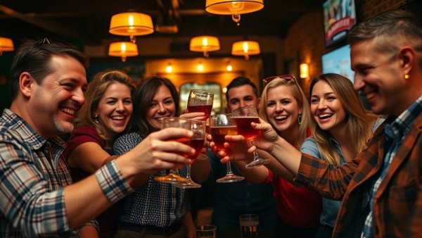Friends celebrating with a toast in a cozy pub setting.