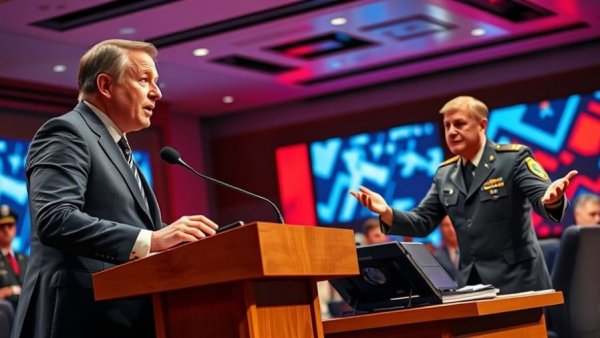 Dynamic conference setting discussing AI ethics in military usage.