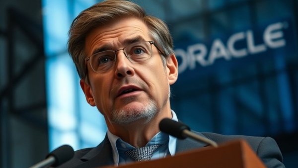 Oracle Job Cuts Due to AI Cash Crunch: Executive speaking with Oracle building backdrop.