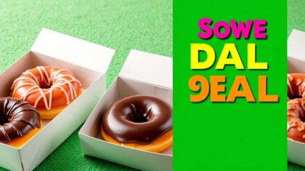 Promotion for free dozen doughnuts from Krispy Kreme with colorful display.
