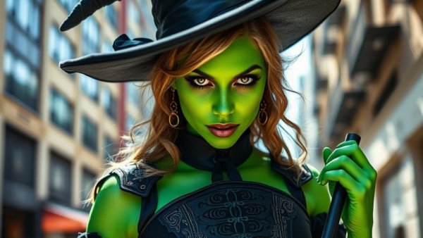 Kansas City cosplay culture showcased by witch in vibrant costume.