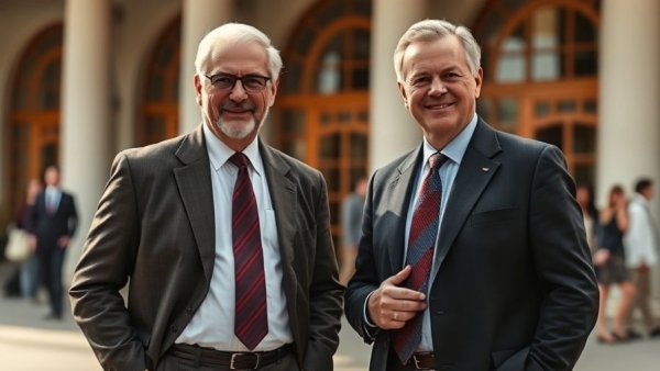 Two men at a public event with architectural background, Trump news conference today.