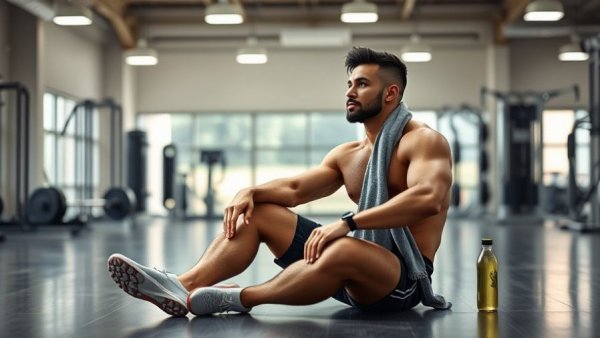 Athletic man post-workout in gym, focusing on muscle recovery tips.