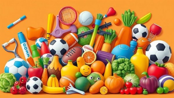 Colorful healthy living icons with sports gear and vegetables, cartoon style.