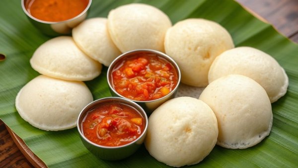 Fluffy idlis with chutneys and sambar on banana leaf - Idli Global Superfood.