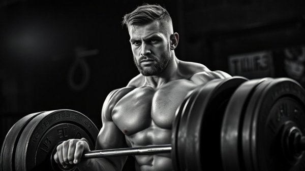 Muscular man lifting barbell in gym, focus on strength and determination.
