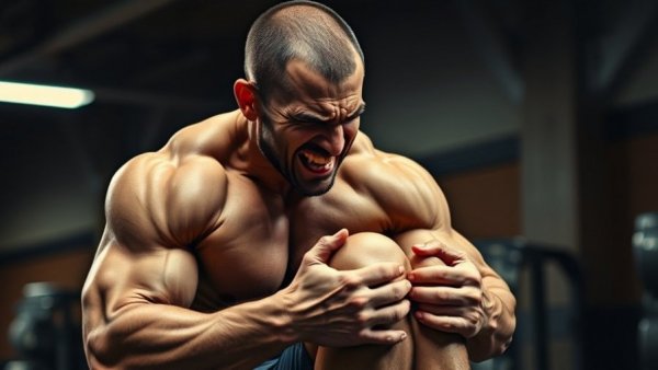 Man experiencing knee pain in gym setting.