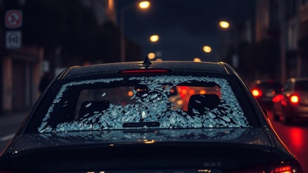 Severe hail damage on car in Kansas City neighborhood at night.