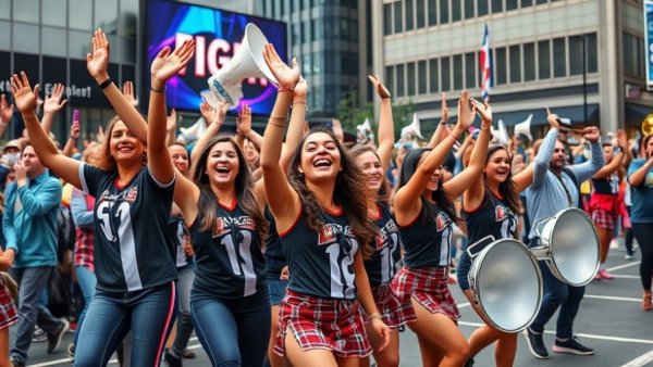 Fans excited at Big 12 Tournament in Kansas City with cheerleaders performing.