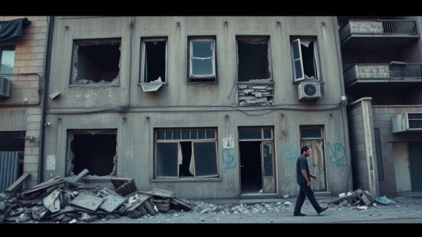 Impact of Iran conflict on urban area with damaged building and debris.