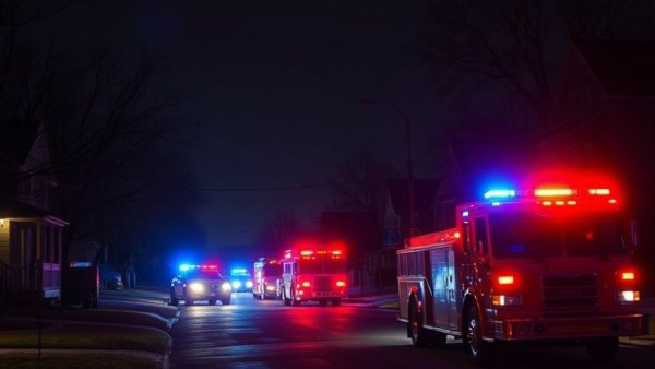 Emergency vehicles at night scene in Kansas City neighborhood.