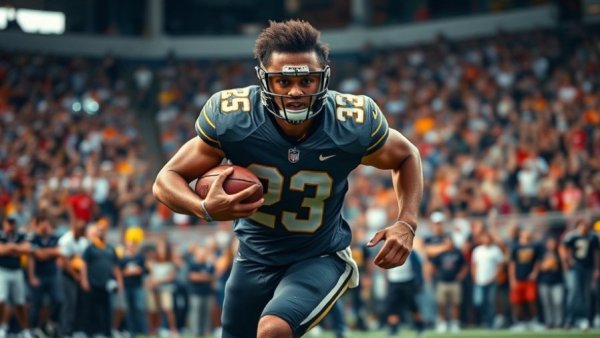 Dynamic shot of a football player running in a stadium with fans.
